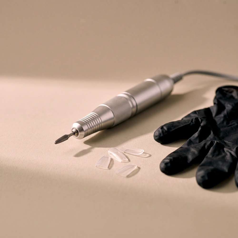 Torno de uñas con una fresa, junto a unos tips y un guante negro