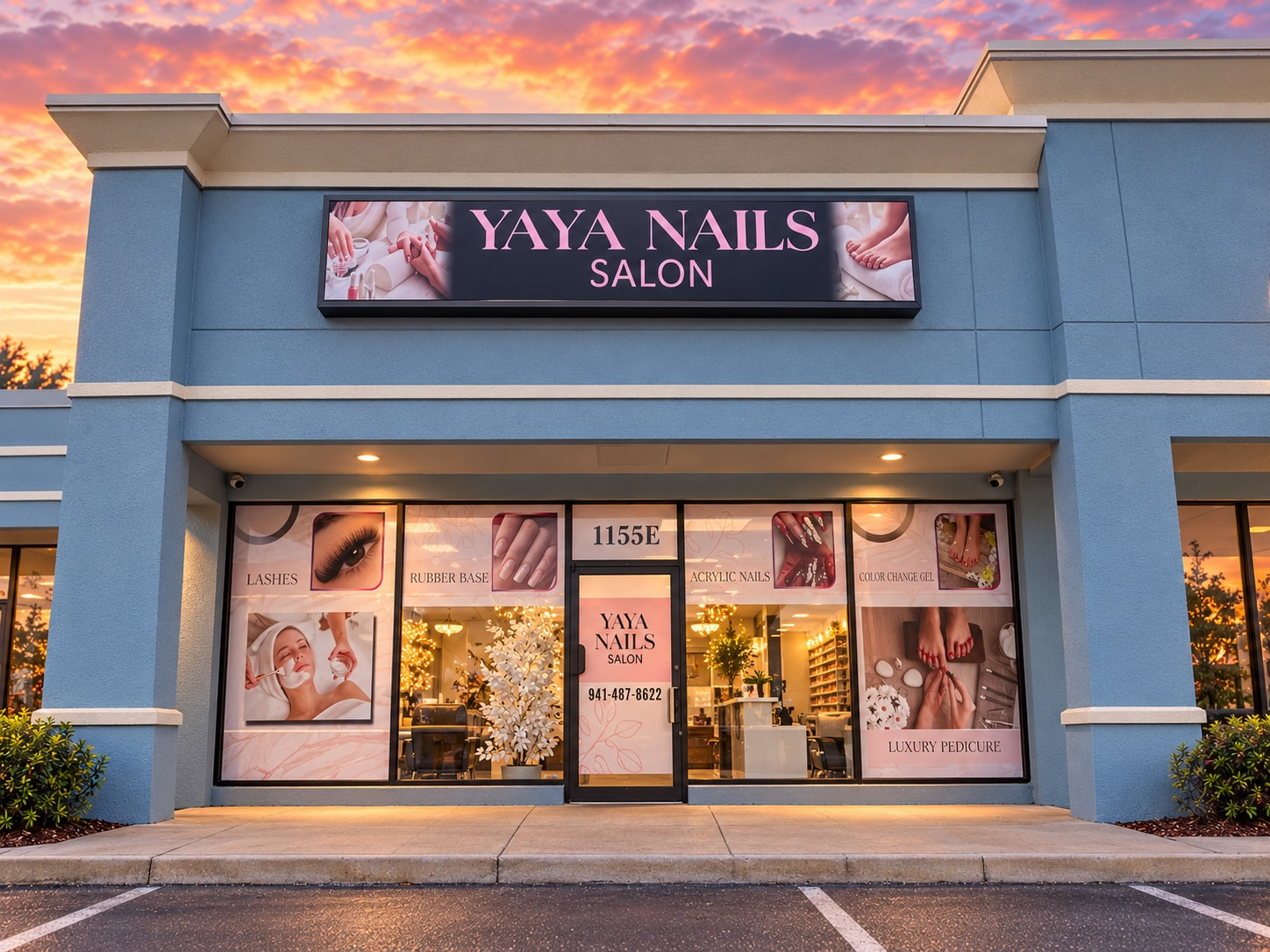 La fachada de Yaya Nails Salon en Sarasota al anochecer, con el letrero encendido sobre los escaparates
